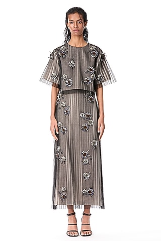 Beige Japanese Crepe Embellished Midi Skirt by Kanika Goyal