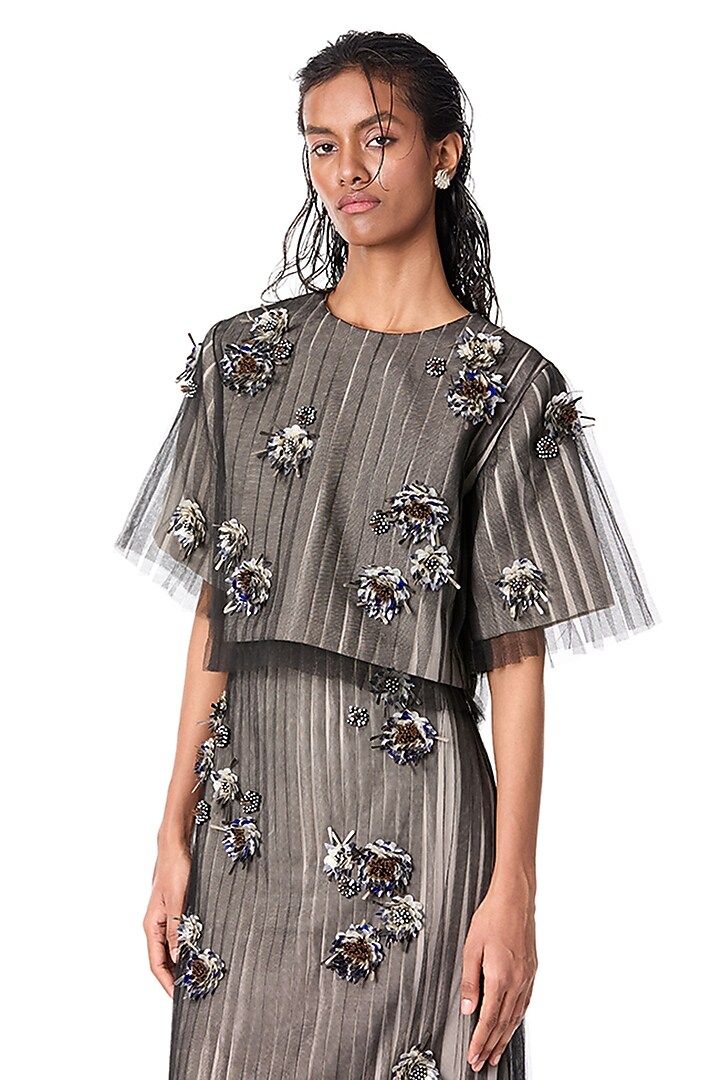 Beige Japanese Crepe Embellished Midi Skirt by Kanika Goyal at Pernia's Pop Up Shop