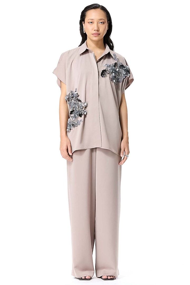 Beige Papaya Twill Embellished Top by Kanika Goyal at Pernia's Pop Up Shop