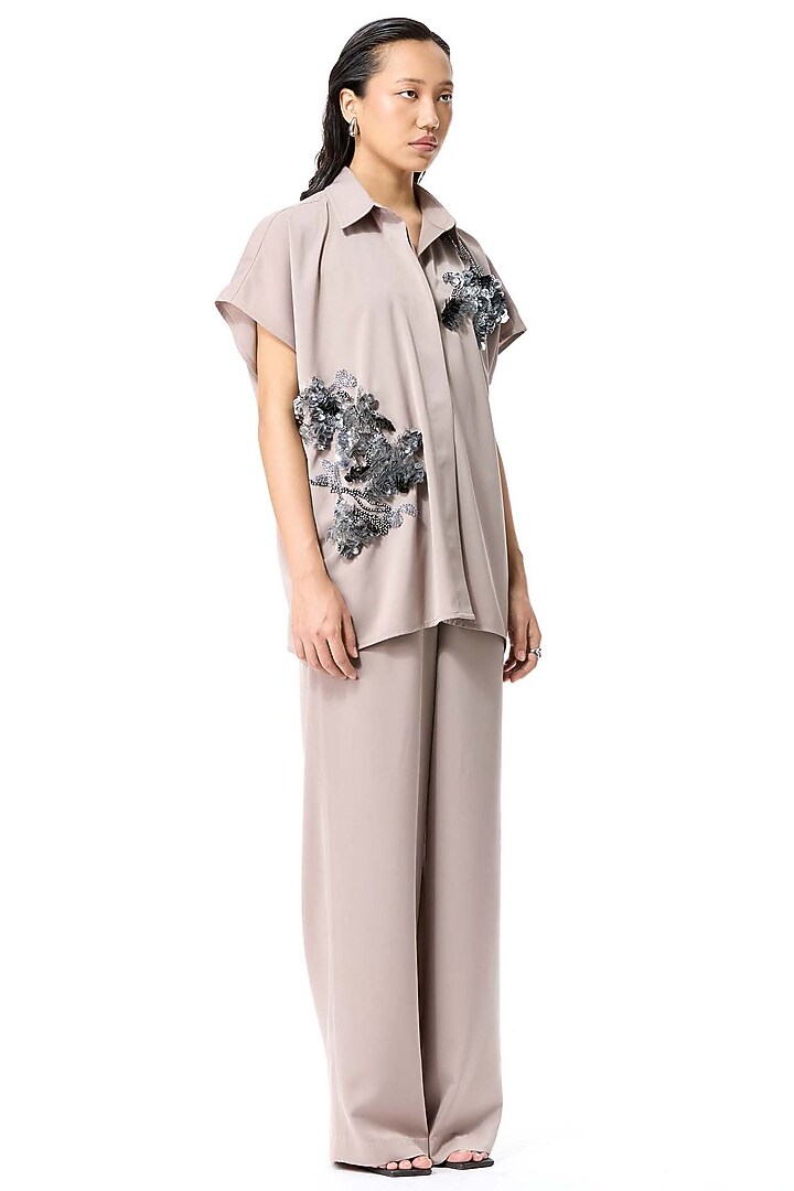 Beige Papaya Twill Embellished Top by Kanika Goyal at Pernia's Pop Up Shop