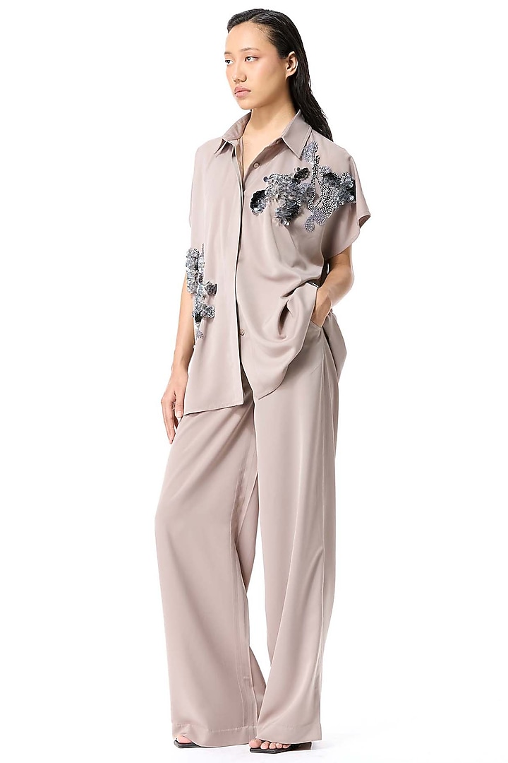 Beige Papaya Twill Embellished Top by Kanika Goyal at Pernia's Pop Up Shop