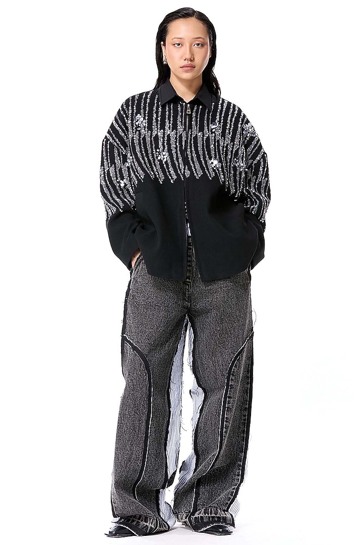 Black Acrylic & Wool Embellished Jacket by Kanika Goyal at Pernia's Pop Up Shop