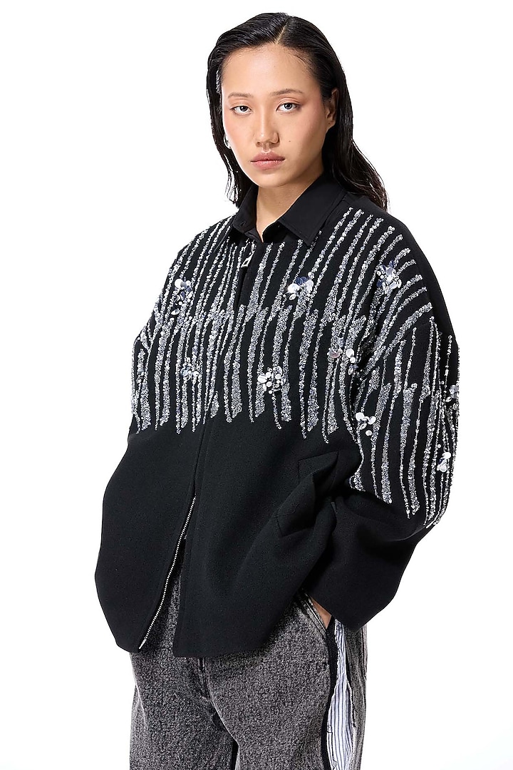 Black Acrylic & Wool Embellished Jacket by Kanika Goyal at Pernia's Pop Up Shop