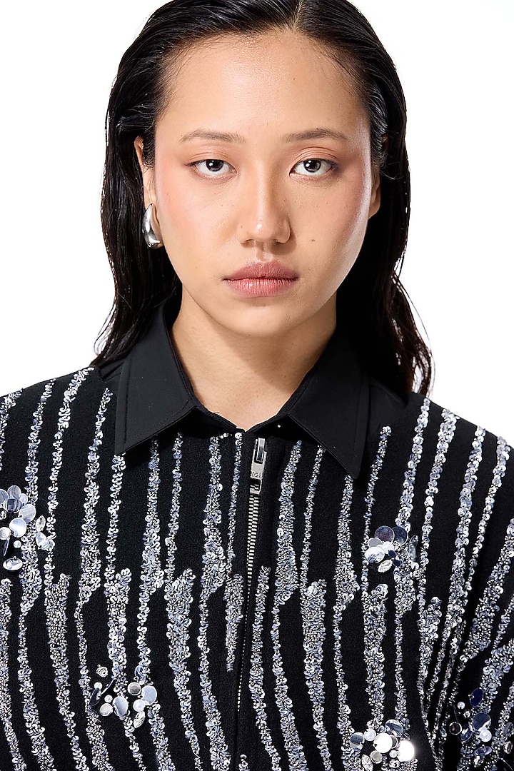 Black Acrylic & Wool Embellished Jacket by Kanika Goyal at Pernia's Pop Up Shop