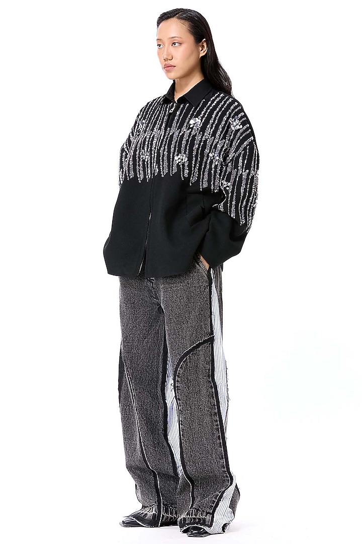 Black Acrylic & Wool Embellished Jacket by Kanika Goyal at Pernia's Pop Up Shop