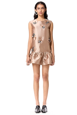 Beige Taffeta Embellished Dress by Kanika Goyal