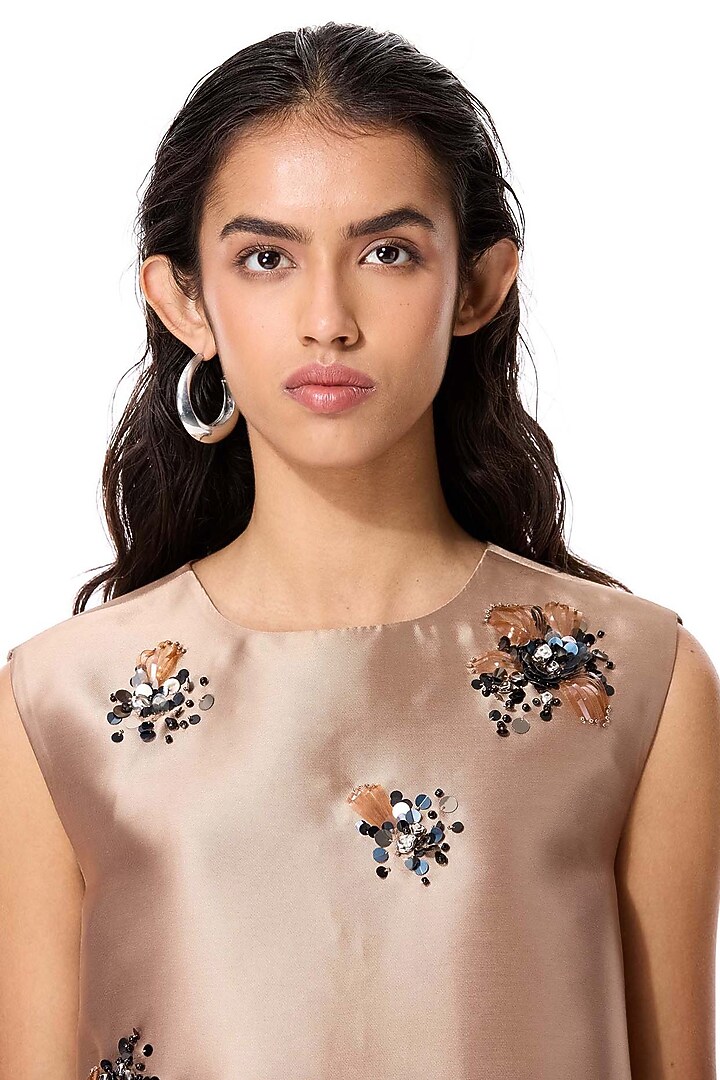 Beige Taffeta Embellished Cocktail Dress by Kanika Goyal at Pernia's Pop Up Shop