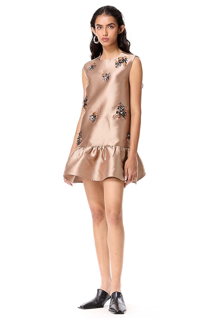 Beige Taffeta Embellished Cocktail Dress by Kanika Goyal at Pernia's Pop Up Shop
