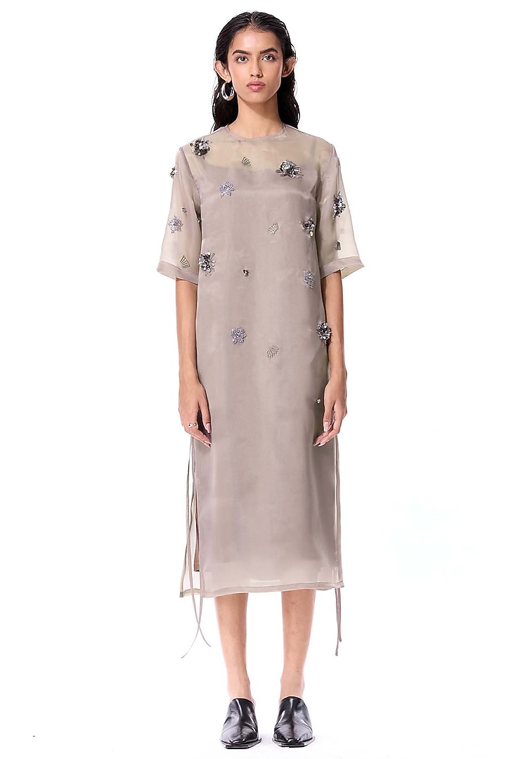 Blush Pink Polyester Embellished Midi Cocktail Dress by Kanika Goyal at Pernia's Pop Up Shop