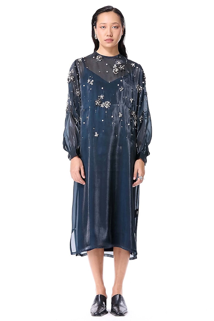 Blue Polyester Hand Embellished Midi Cocktail Dress by Kanika Goyal at Pernia's Pop Up Shop