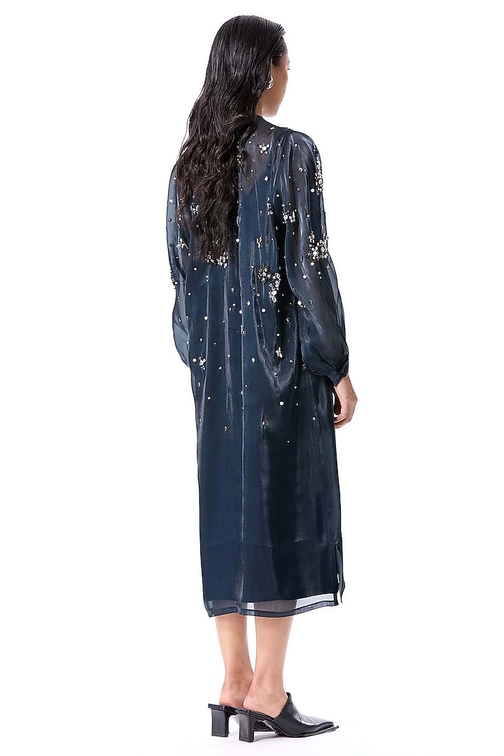 Blue Polyester Hand Embellished Midi Cocktail Dress by Kanika Goyal at Pernia's Pop Up Shop