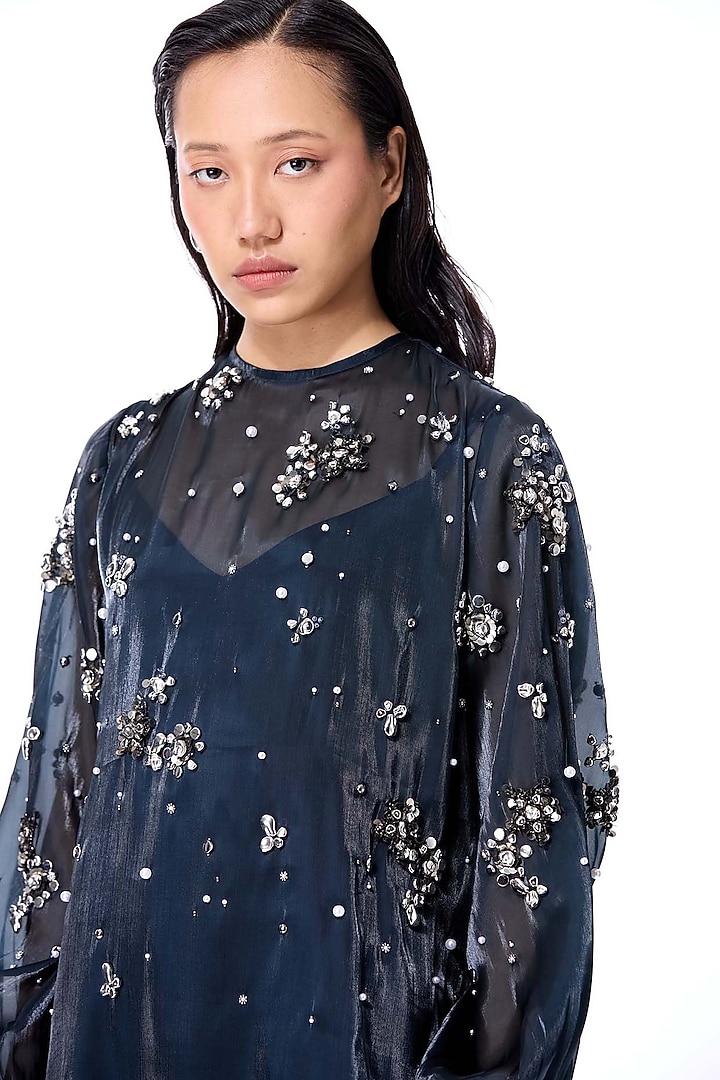 Blue Polyester Hand Embellished Midi Cocktail Dress by Kanika Goyal at Pernia's Pop Up Shop