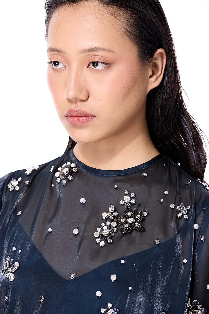 Blue Polyester Hand Embellished Midi Cocktail Dress by Kanika Goyal at Pernia's Pop Up Shop