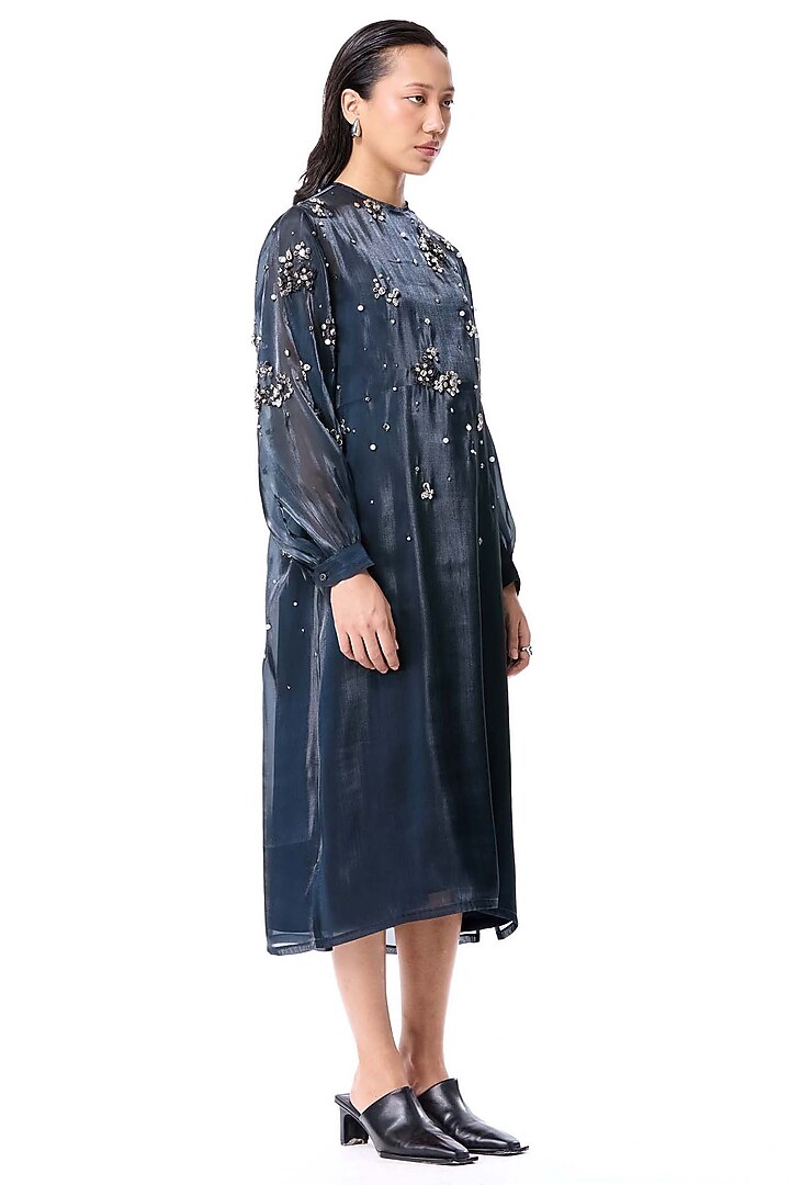 Blue Polyester Hand Embellished Midi Cocktail Dress by Kanika Goyal at Pernia's Pop Up Shop