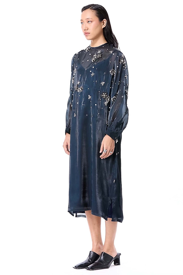 Blue Polyester Hand Embellished Midi Cocktail Dress by Kanika Goyal at Pernia's Pop Up Shop