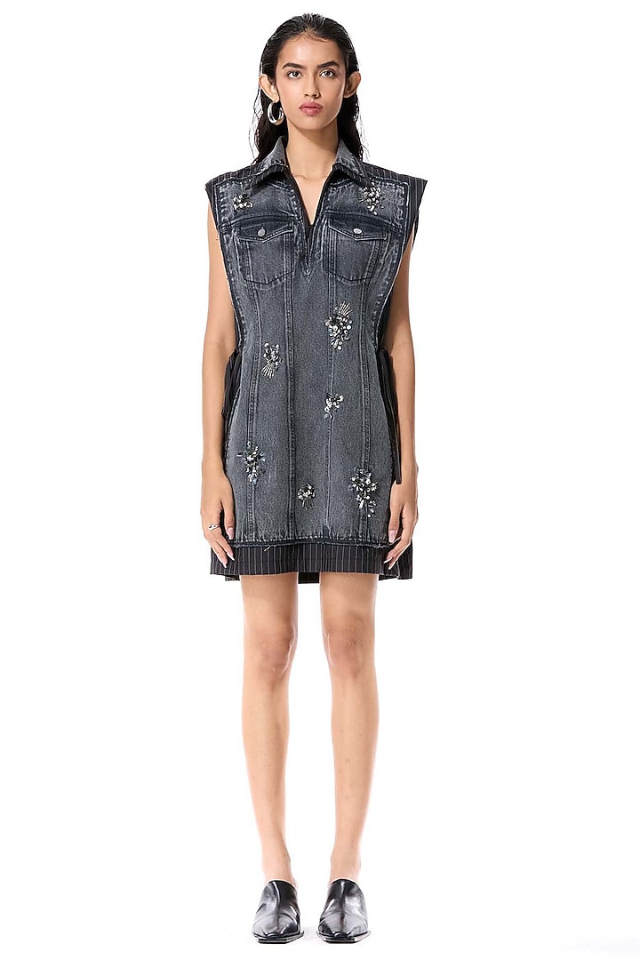Black Cotton Embellished Mini Denim Vacation Dress by Kanika Goyal at Pernia's Pop Up Shop