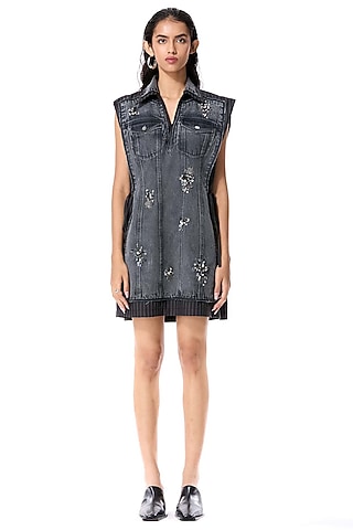 Black Cotton Embellished Mini Denim Dress by Kanika Goyal