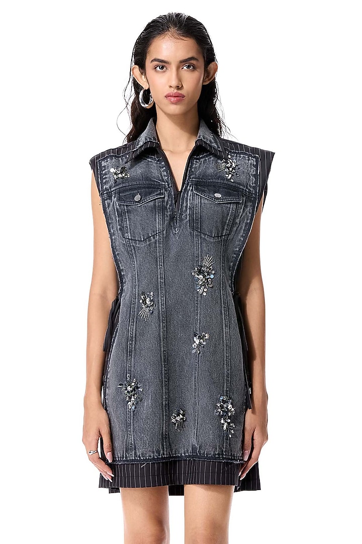 Black Cotton Embellished Mini Denim Vacation Dress by Kanika Goyal at Pernia's Pop Up Shop