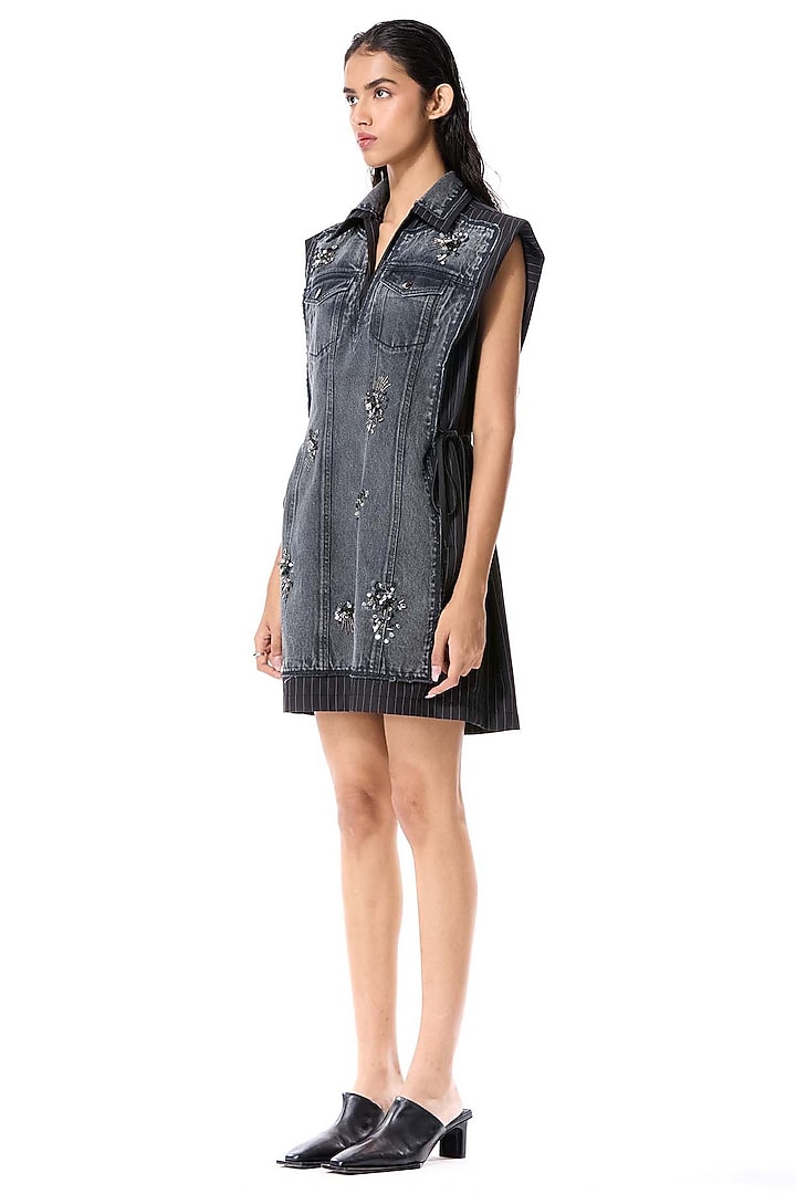 Black Cotton Embellished Mini Denim Vacation Dress by Kanika Goyal at Pernia's Pop Up Shop