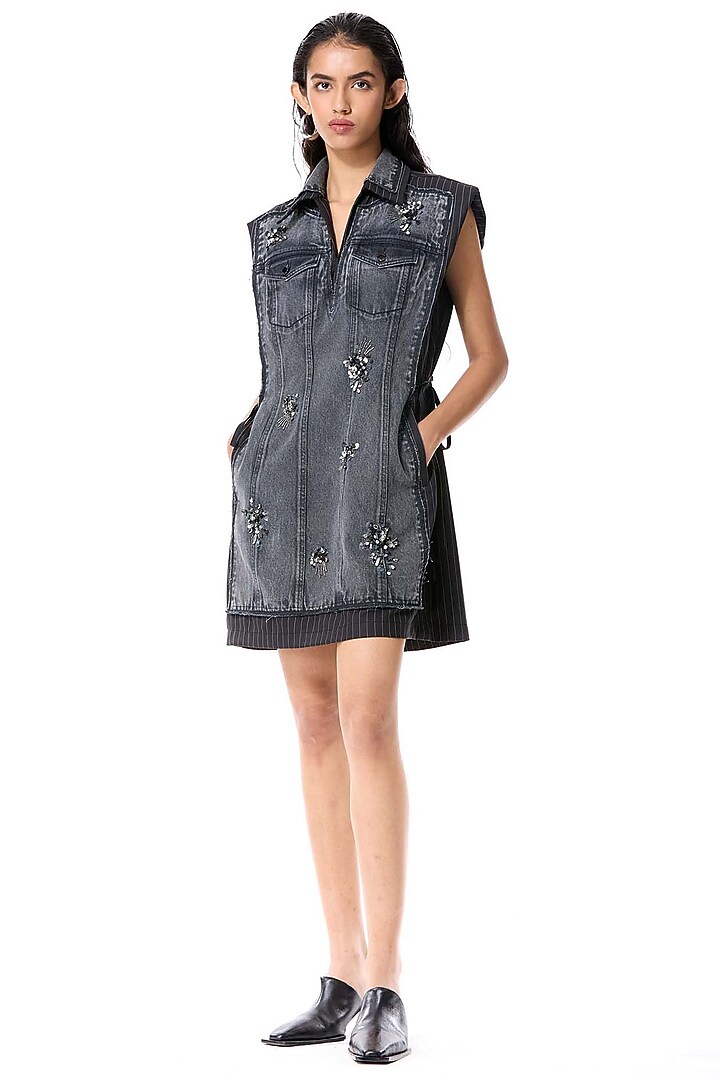 Black Cotton Embellished Mini Denim Vacation Dress by Kanika Goyal at Pernia's Pop Up Shop