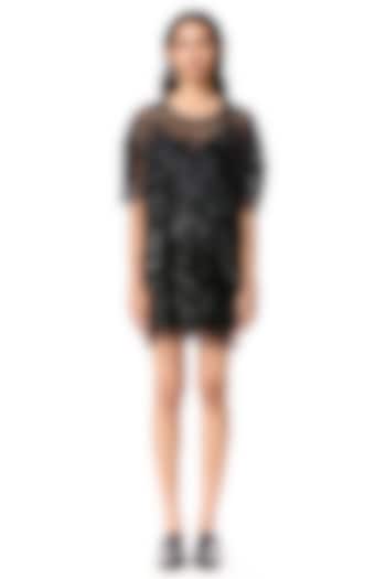 Black Polyester Floral Embellished Mini Party Wear Dress by Kanika Goyal at Pernia's Pop Up Shop