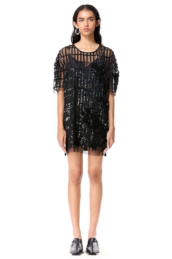 Black Polyester Floral Embellished Mini Party Wear Dress by Kanika Goyal at Pernia's Pop Up Shop