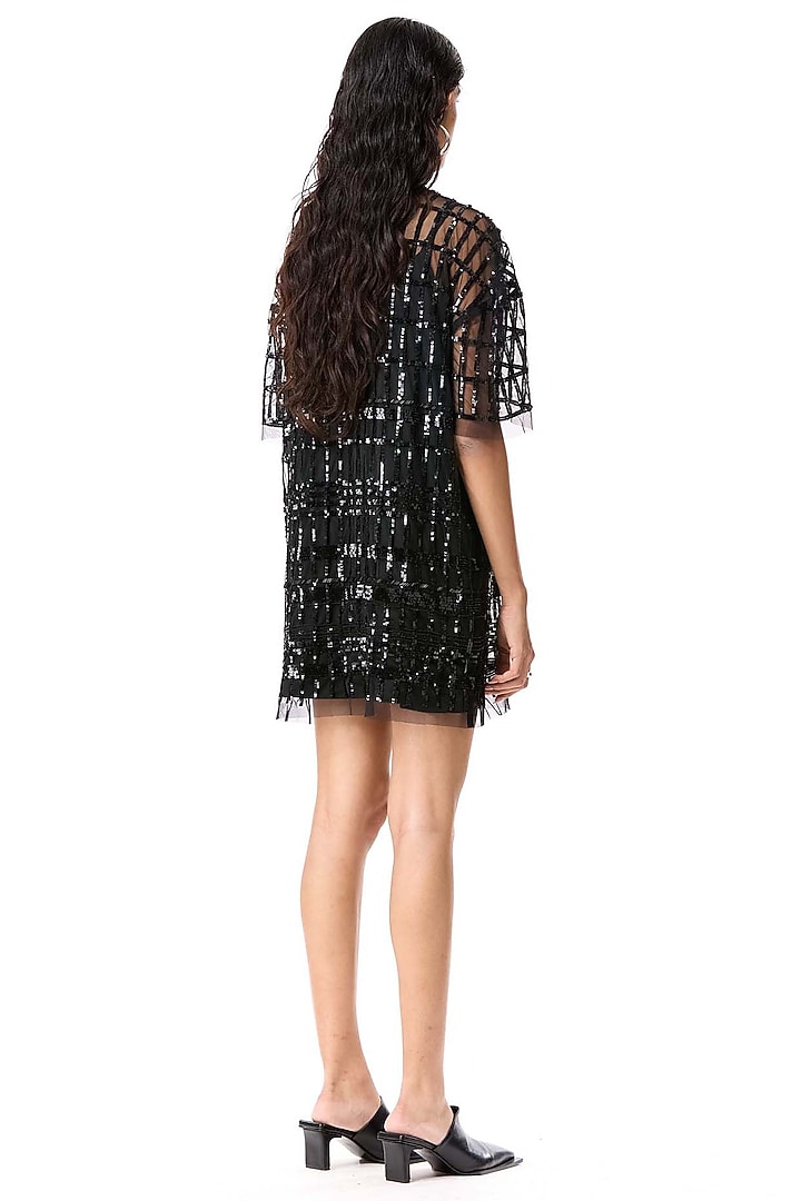 Black Polyester Floral Embellished Mini Party Wear Dress by Kanika Goyal at Pernia's Pop Up Shop