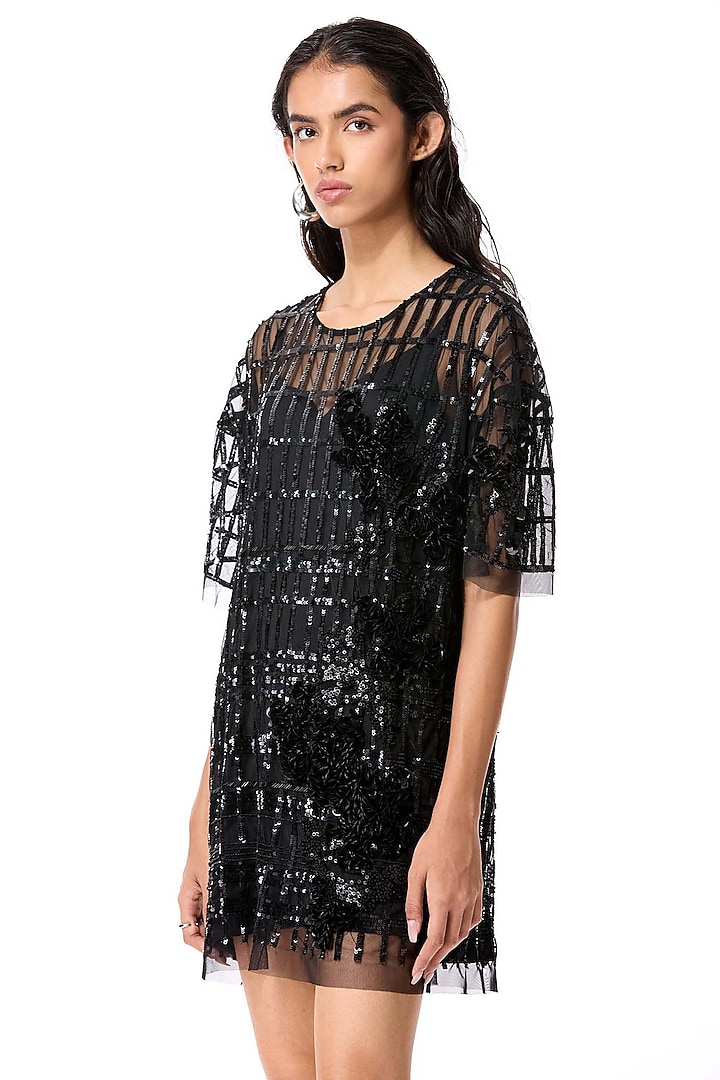 Black Polyester Floral Embellished Mini Party Wear Dress by Kanika Goyal at Pernia's Pop Up Shop