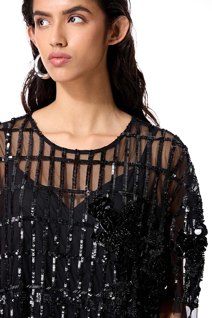 Black Polyester Floral Embellished Mini Party Wear Dress by Kanika Goyal at Pernia's Pop Up Shop