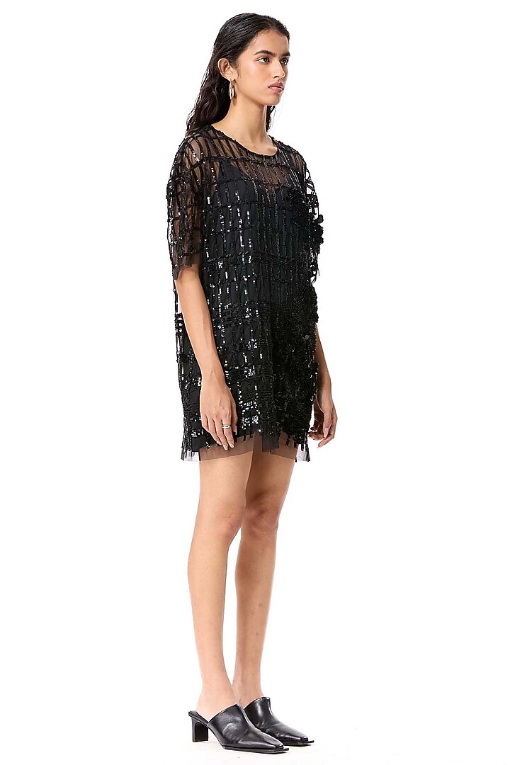 Black Polyester Floral Embellished Mini Party Wear Dress by Kanika Goyal at Pernia's Pop Up Shop