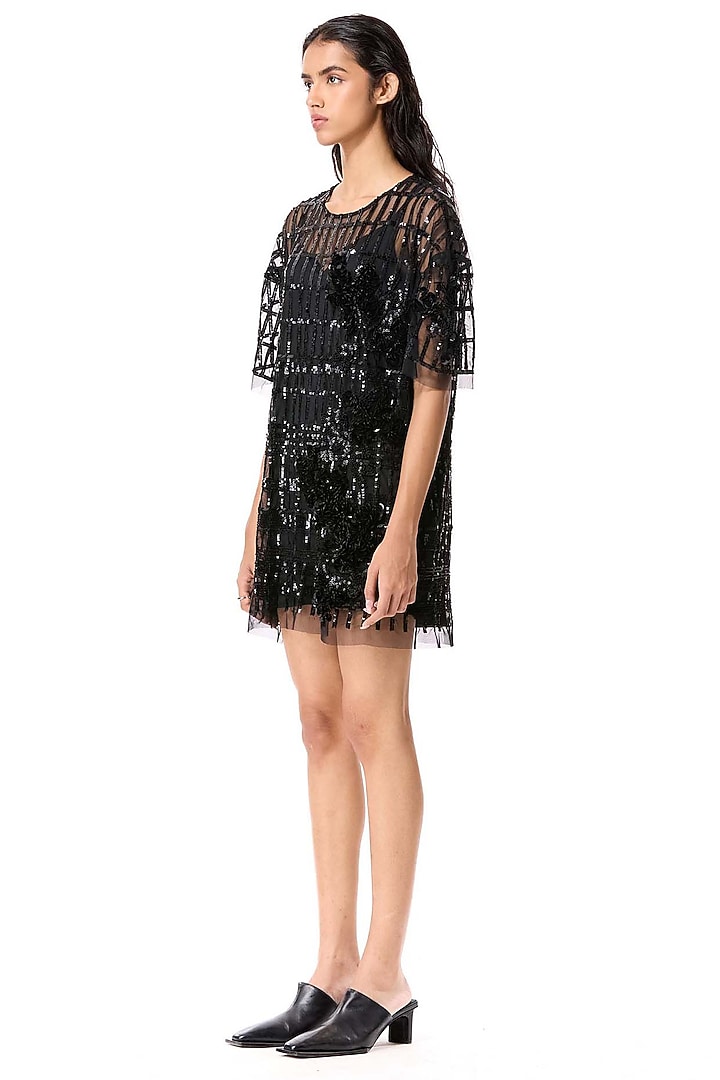 Black Polyester Floral Embellished Mini Party Wear Dress by Kanika Goyal at Pernia's Pop Up Shop