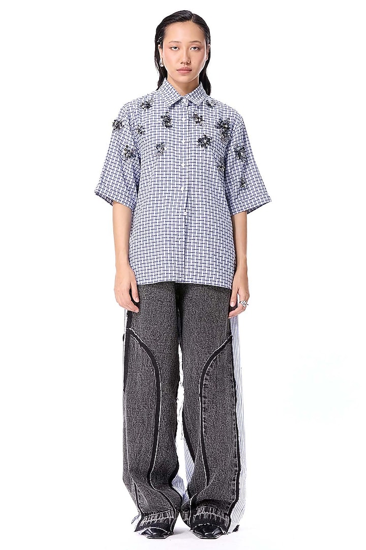 Blue & White Poly Twill Embellished Shirt by Kanika Goyal at Pernia's Pop Up Shop