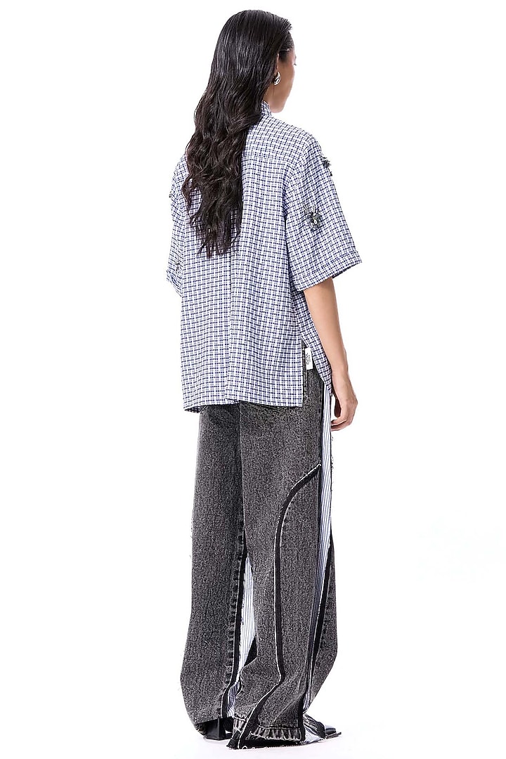 Blue & White Poly Twill Embellished Shirt by Kanika Goyal at Pernia's Pop Up Shop