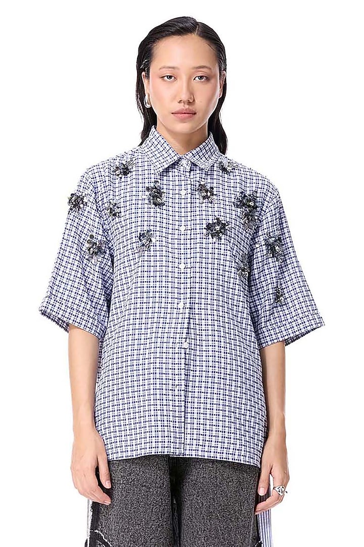 Blue & White Poly Twill Embellished Shirt by Kanika Goyal at Pernia's Pop Up Shop