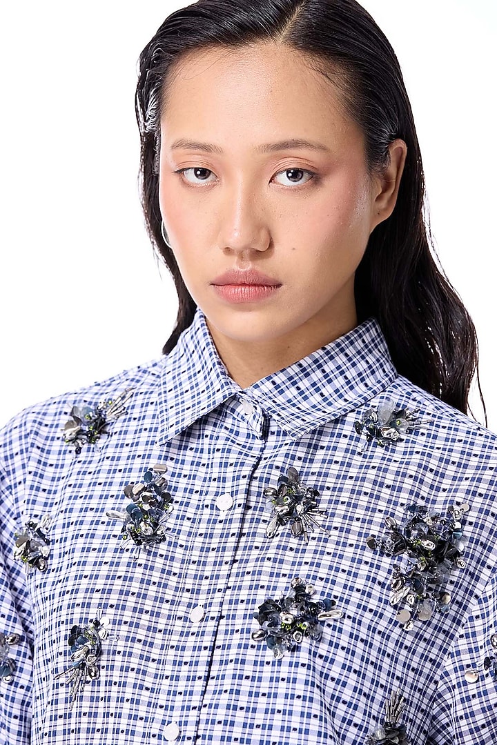 Blue & White Poly Twill Embellished Shirt by Kanika Goyal at Pernia's Pop Up Shop