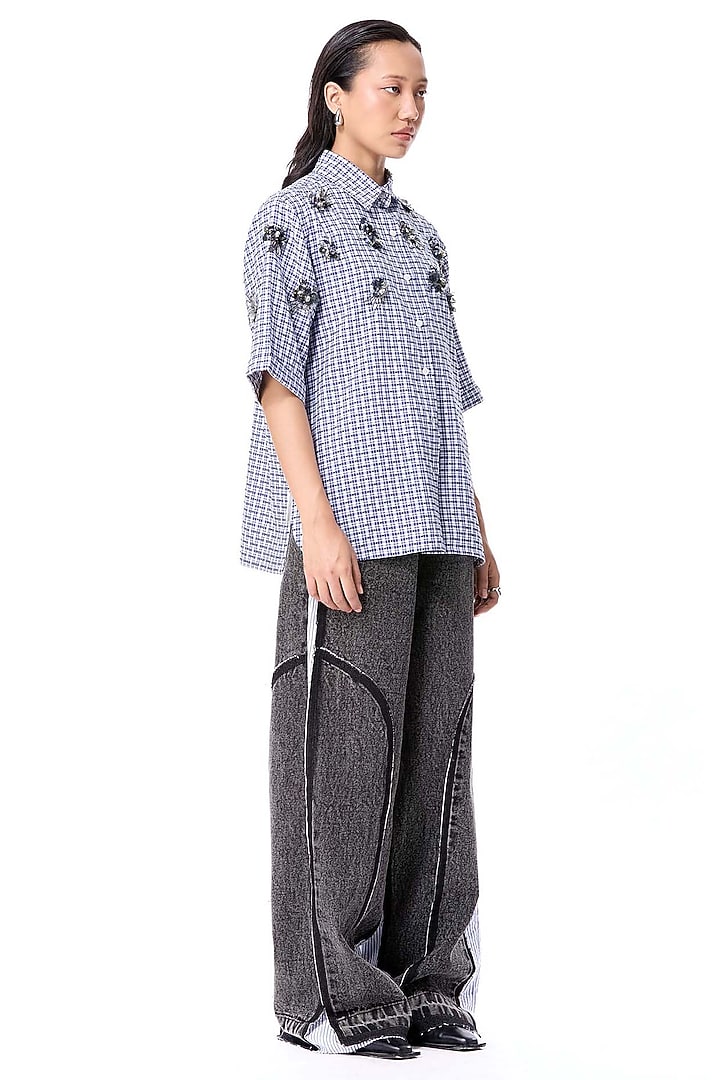 Blue & White Poly Twill Embellished Shirt by Kanika Goyal at Pernia's Pop Up Shop