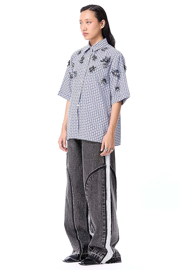 Blue & White Poly Twill Embellished Shirt by Kanika Goyal at Pernia's Pop Up Shop