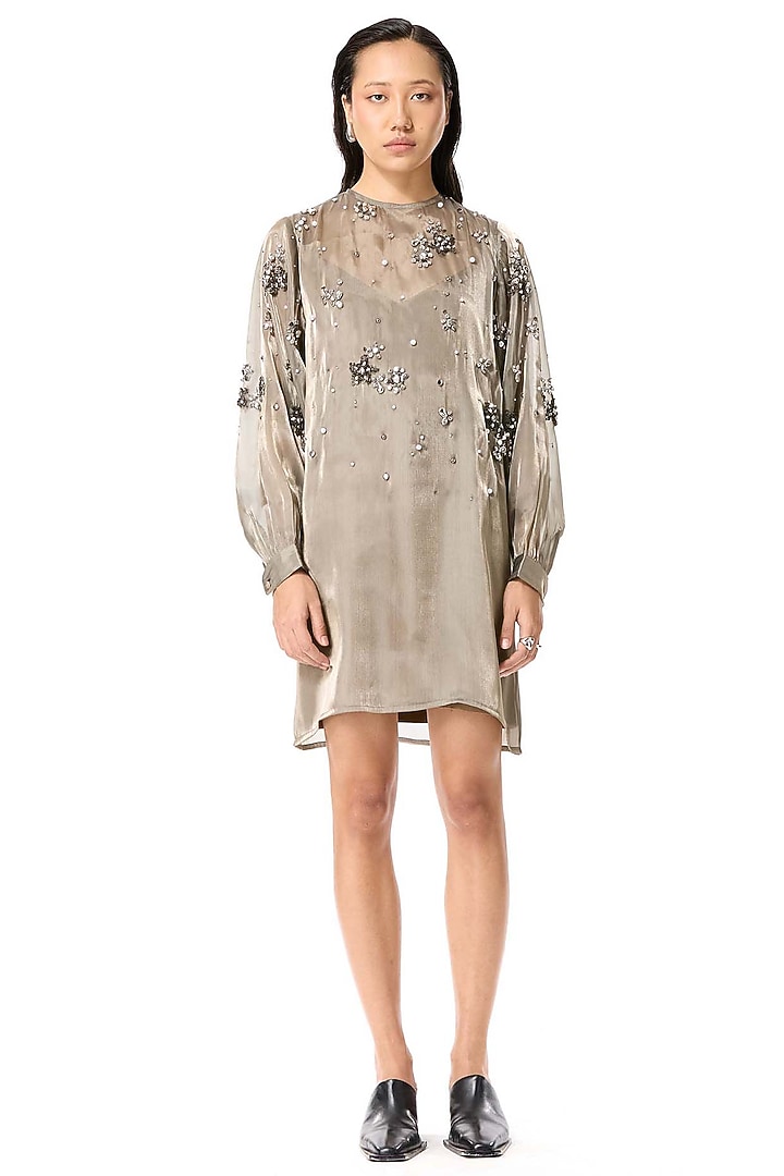 Beige Polyester Hand Embellished Mini Cocktail Dress by Kanika Goyal at Pernia's Pop Up Shop