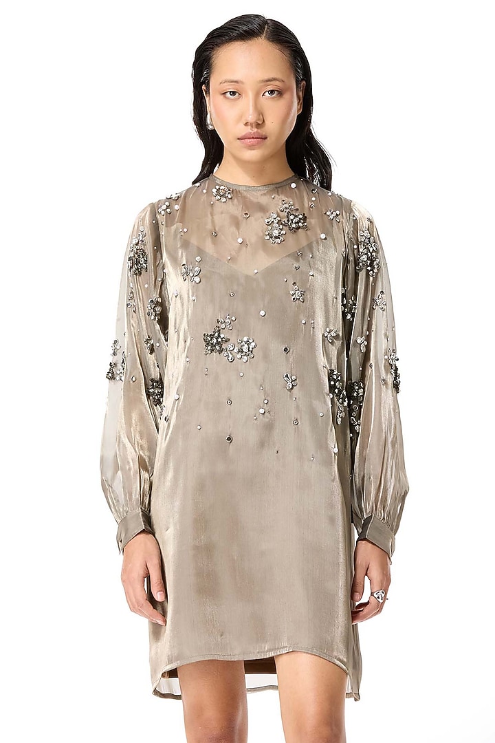 Beige Polyester Hand Embellished Mini Cocktail Dress by Kanika Goyal at Pernia's Pop Up Shop