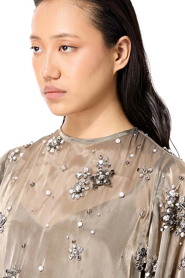 Beige Polyester Hand Embellished Mini Cocktail Dress by Kanika Goyal at Pernia's Pop Up Shop