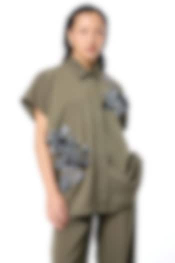 Olive Poly Twill Embellished Top by Kanika Goyal at Pernia's Pop Up Shop