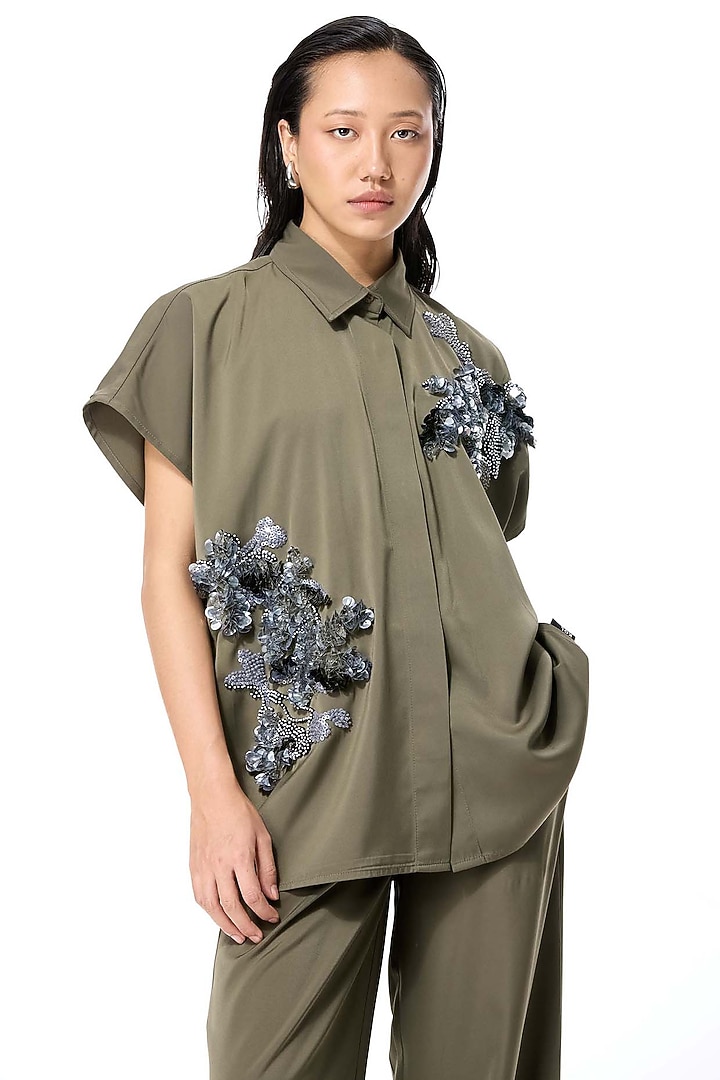 Olive Poly Twill Embellished Top by Kanika Goyal at Pernia's Pop Up Shop