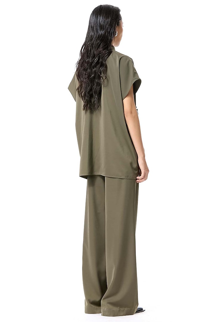 Olive Poly Twill Embellished Top by Kanika Goyal at Pernia's Pop Up Shop