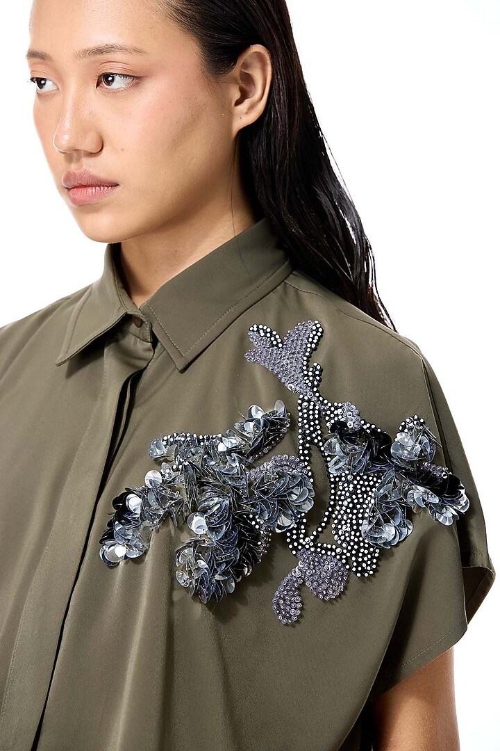 Olive Poly Twill Embellished Top by Kanika Goyal at Pernia's Pop Up Shop