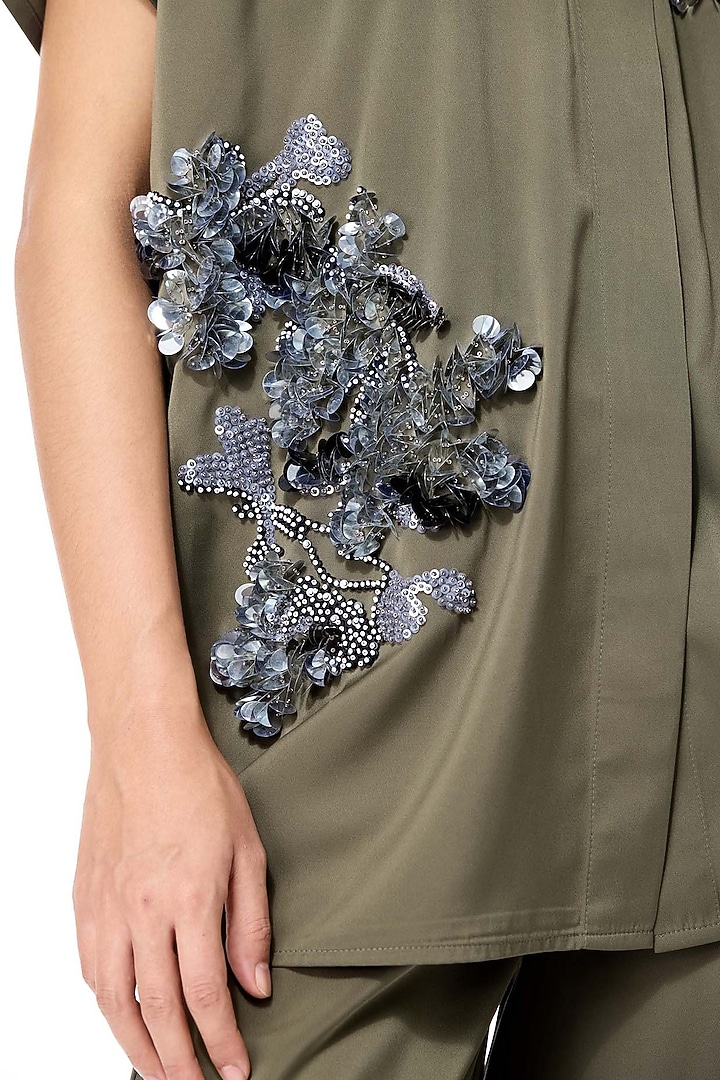 Olive Poly Twill Embellished Top by Kanika Goyal at Pernia's Pop Up Shop