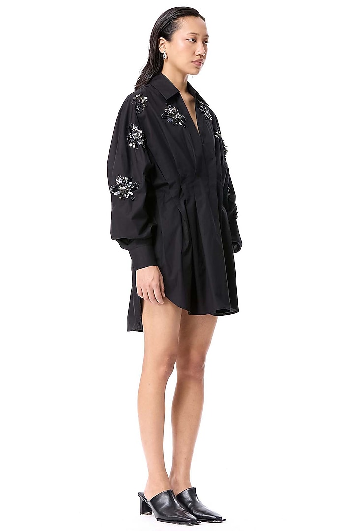 Black Cotton Embellished Mini Vacation Dress by Kanika Goyal at Pernia's Pop Up Shop
