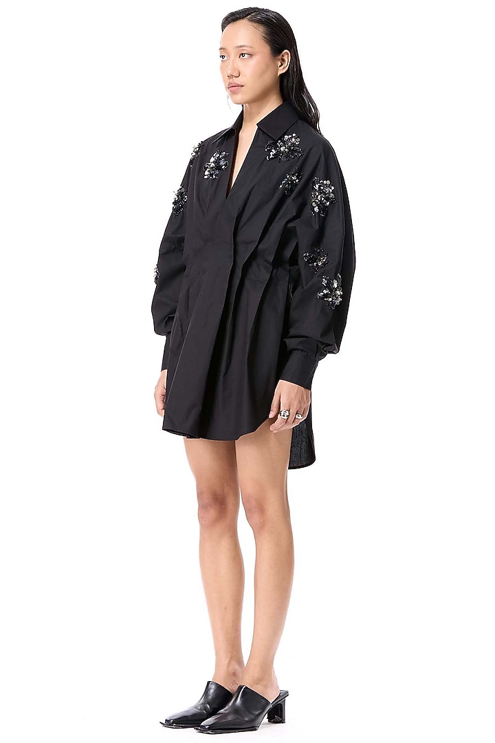 Black Cotton Embellished Mini Vacation Dress by Kanika Goyal at Pernia's Pop Up Shop