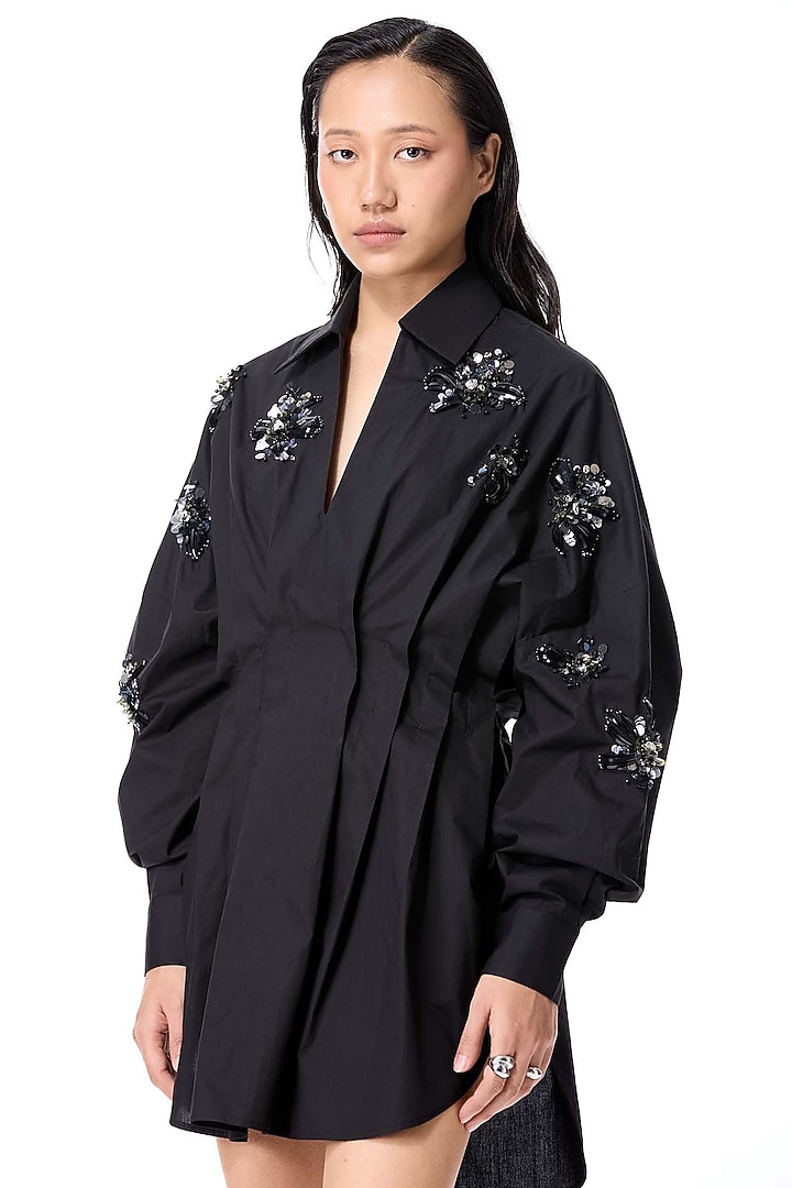 Black Cotton Embellished Mini Vacation Dress by Kanika Goyal at Pernia's Pop Up Shop