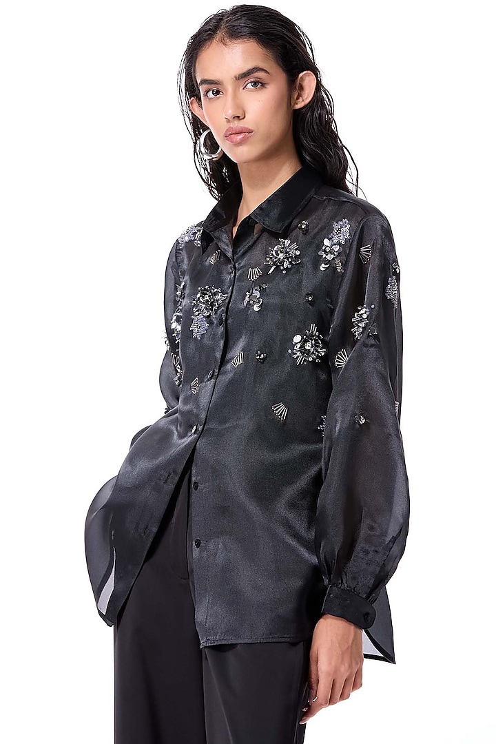 Black Polyester Embellished Shirt by Kanika Goyal at Pernia's Pop Up Shop