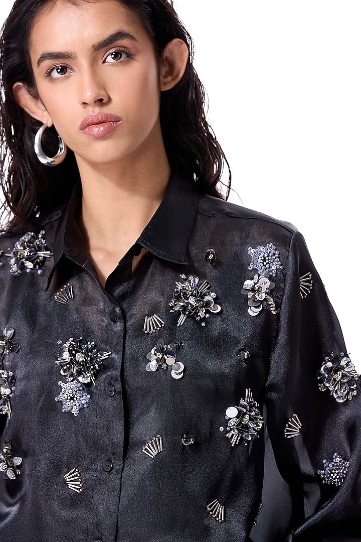 Black Polyester Embellished Shirt by Kanika Goyal at Pernia's Pop Up Shop